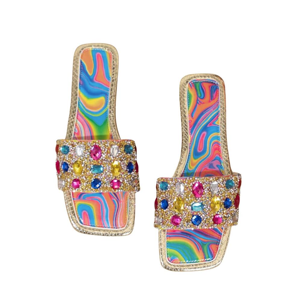 Retro Funky Jewel Encrusted Slide Sandals Psychedelic Swirl Square Toe 9.5